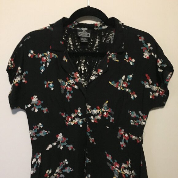 Whimsical Black Crochet Button Down Rayon A-Line Dress - Picture 3 of 16